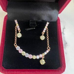 Pastel Multi-Color Crystal Necklace & Dangle Earrings Set Rose Gold Tone NIB